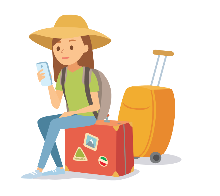 Voyageuse sur une valise avec téléphone et bagages – évoque une erreur ou page introuvable